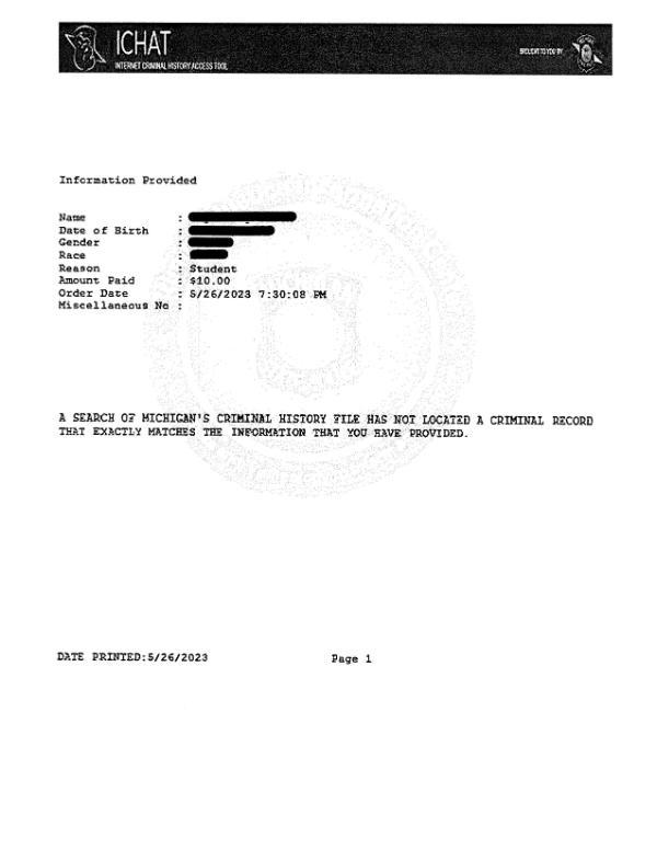 ICHAT Sample image of background check